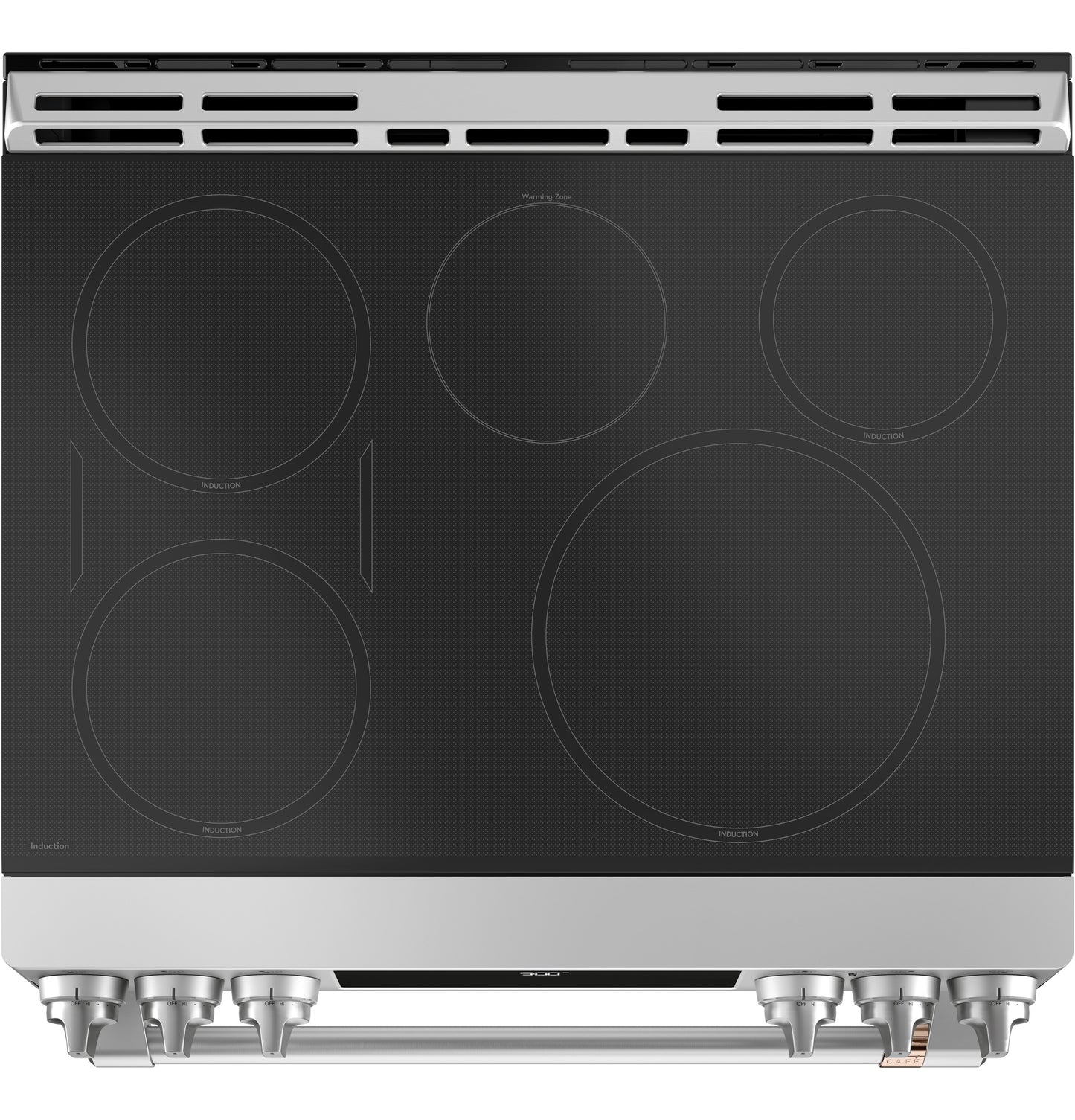 Top view of stainless steel and black induction cooktop with five burners and metal control knobs in kitchen appliances collection