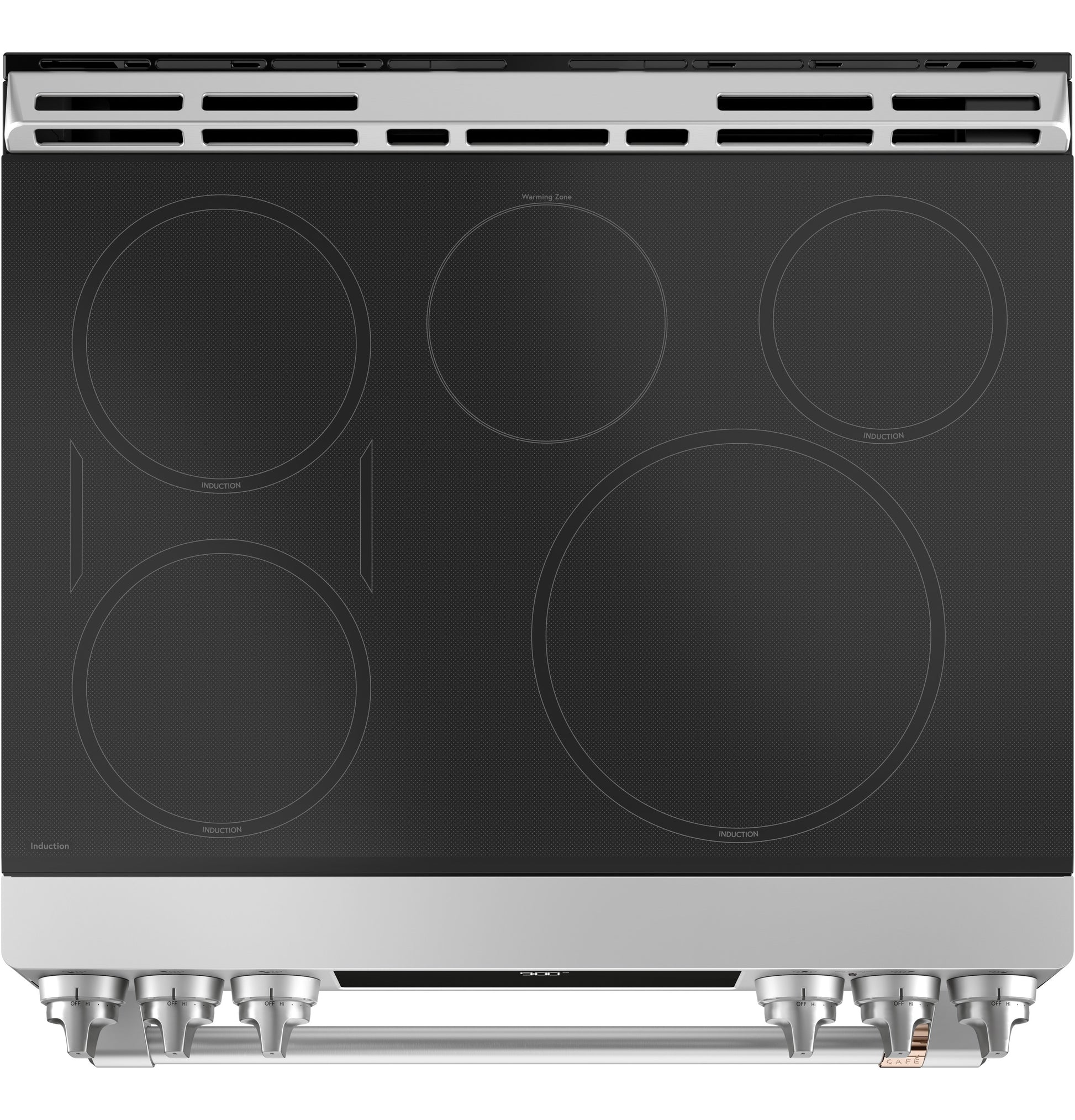 Top view of stainless steel and black induction cooktop with five burners and metal control knobs in kitchen appliances collection