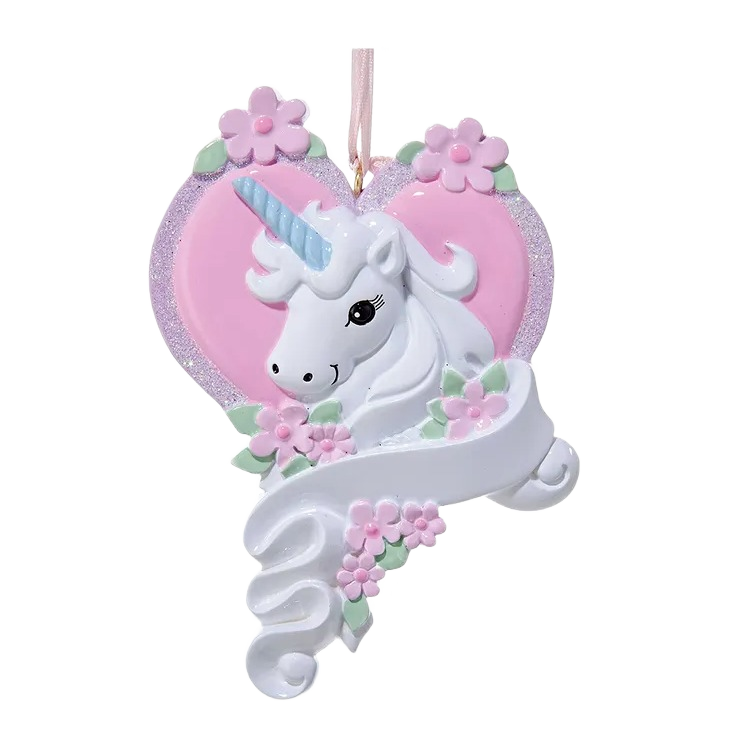 White unicorn ornament with blue horn and pink flowers on heart background for Christmas decorations under $50