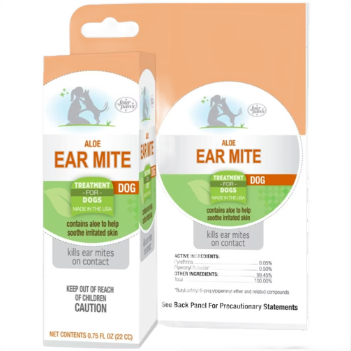 Four Paws Aloe Ear Mite Treatment box and bottle with aloe for soothing dog's irritated skin and mite relief