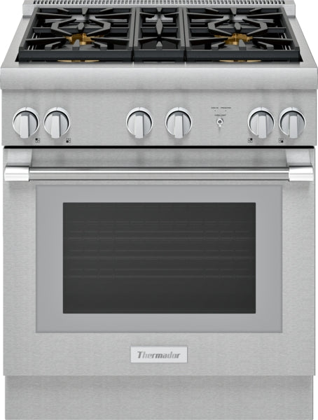 Stainless steel gas range with five burner knobs and professional-style grates, part of Thermador kitchen and appliance collections