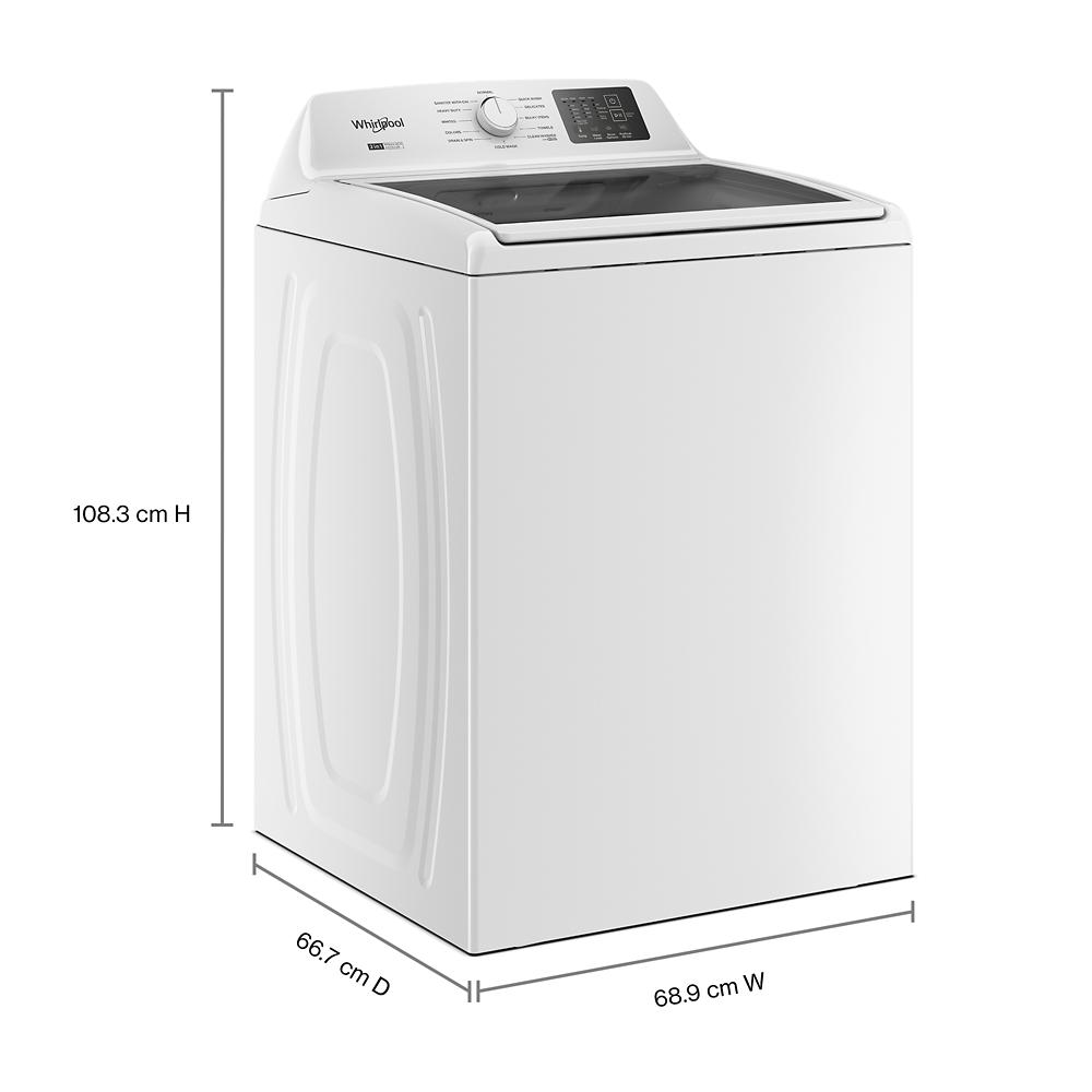 White top load washer with digital control panel and soft close glass lid in modern laundry appliance design