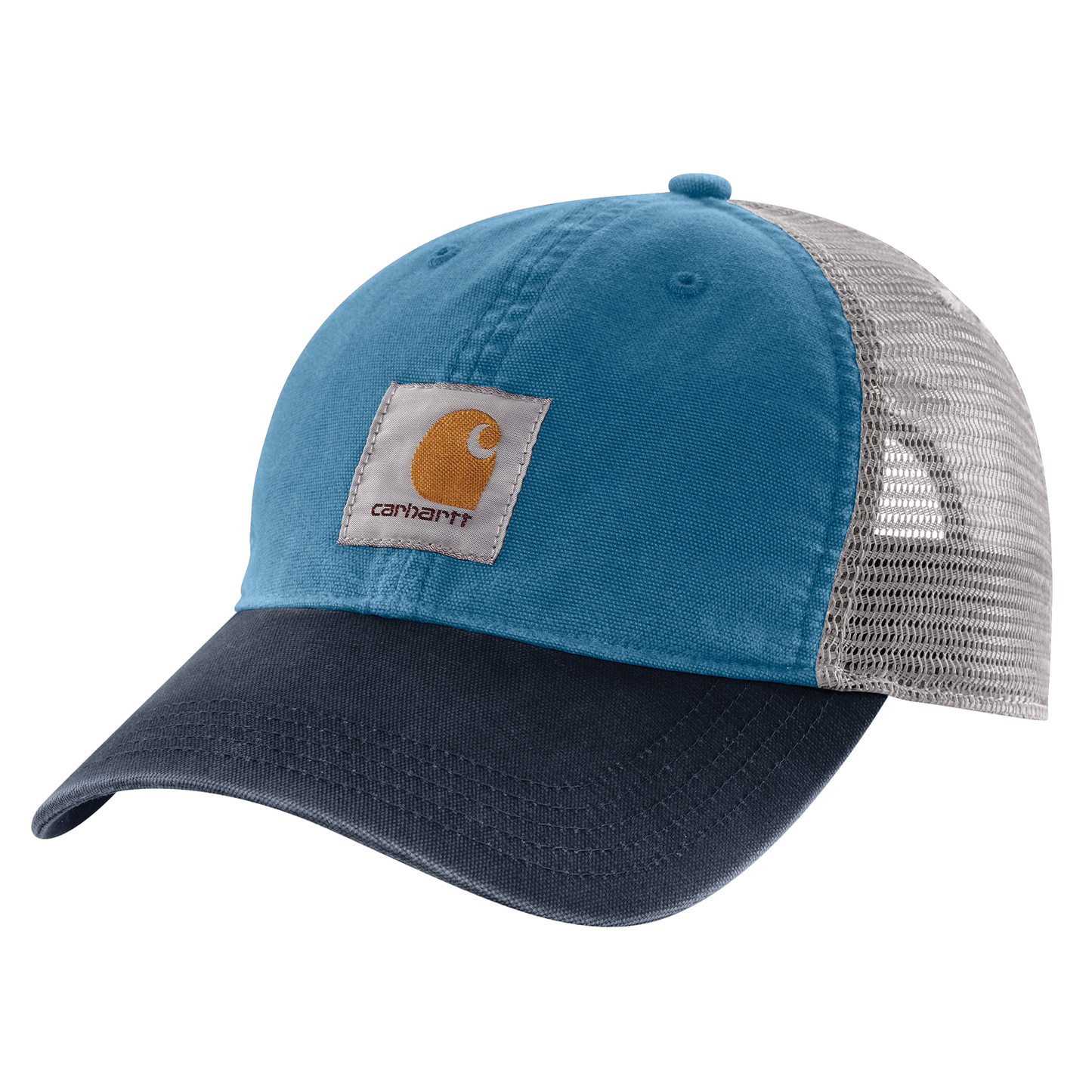 Blue washed cotton canvas front cap with tan logo patch, black curved brim, and light gray breathable mesh back, for men’s accessories and clothing collections.