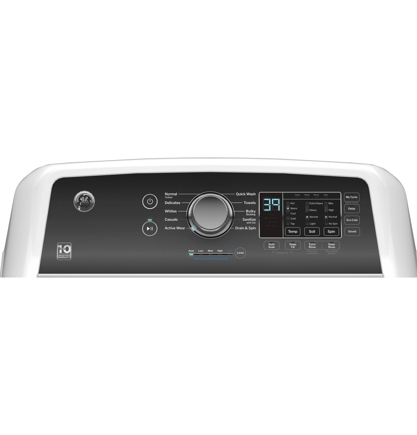 Control panel of a gray top load washer showing cycle options, digital display, and various setting buttons for washers collection.