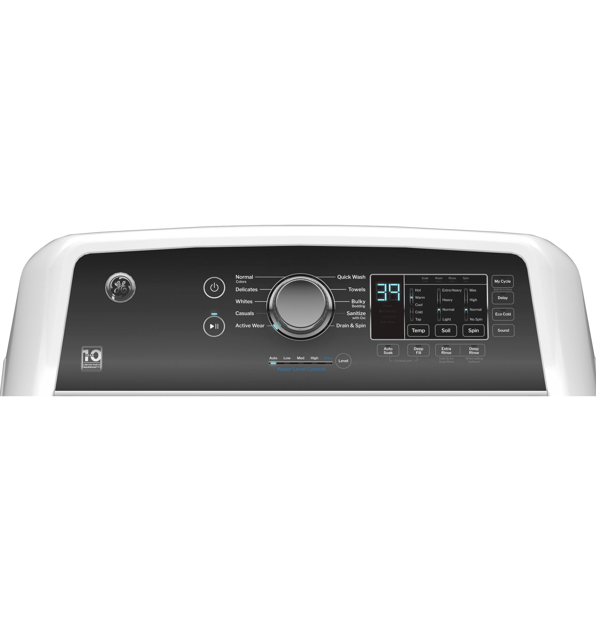 Control panel of a gray top load washer showing cycle options, digital display, and various setting buttons for washers collection.