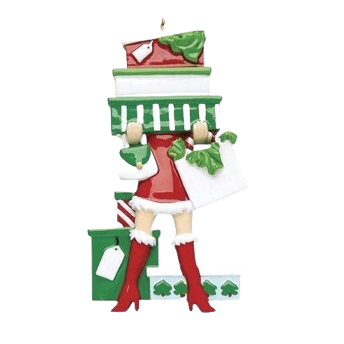 Woman ornament in festive red boots holding shopping bags and boxes for Christmas tree decor under $50 collection