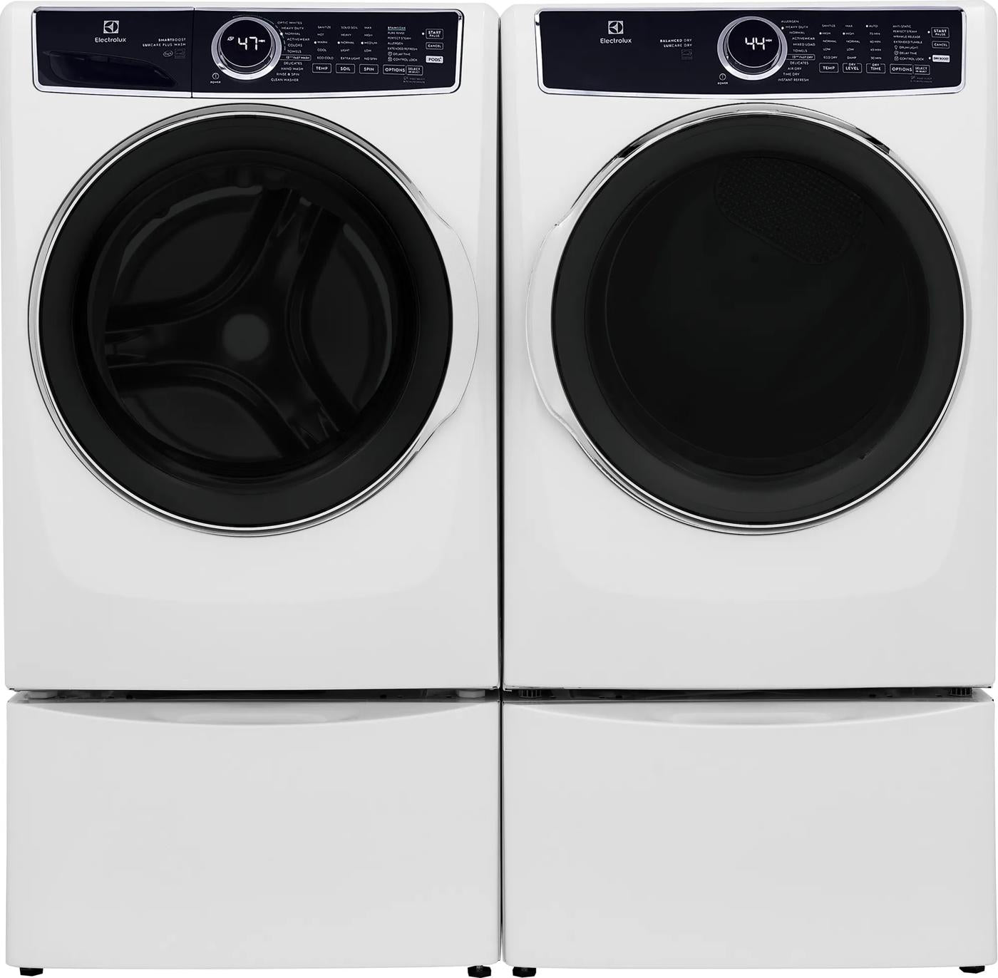 White front load washer and dryer set with digital controls, part of front load washers and washers & dryers collection