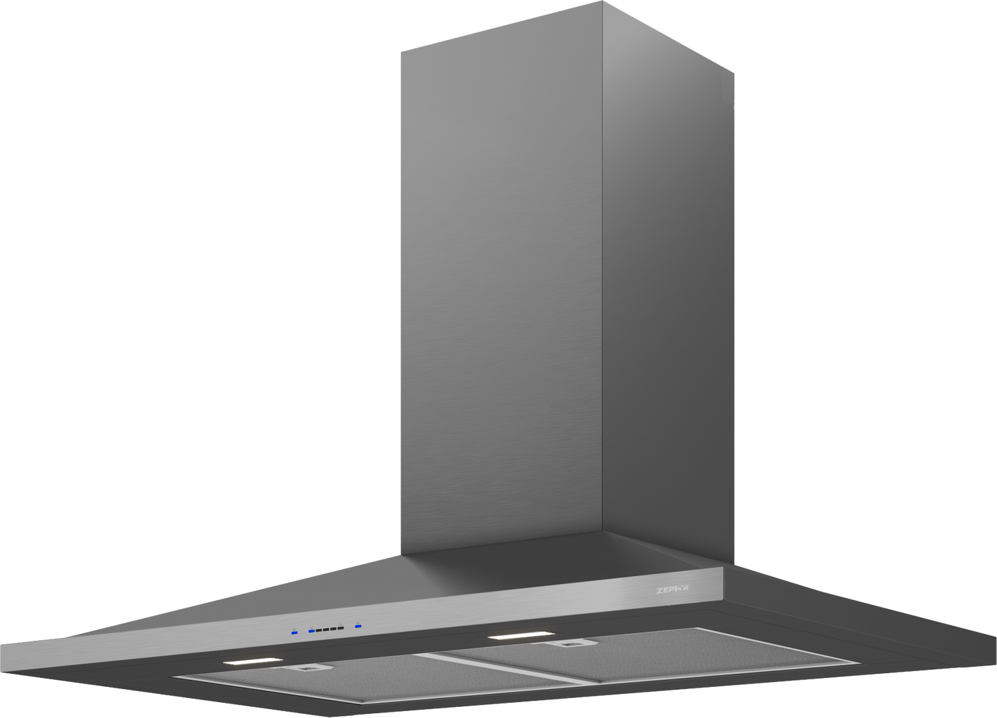 Stainless steel chimney hood with LED lighting and 600 CFM blower for kitchen ventilation and home improvement