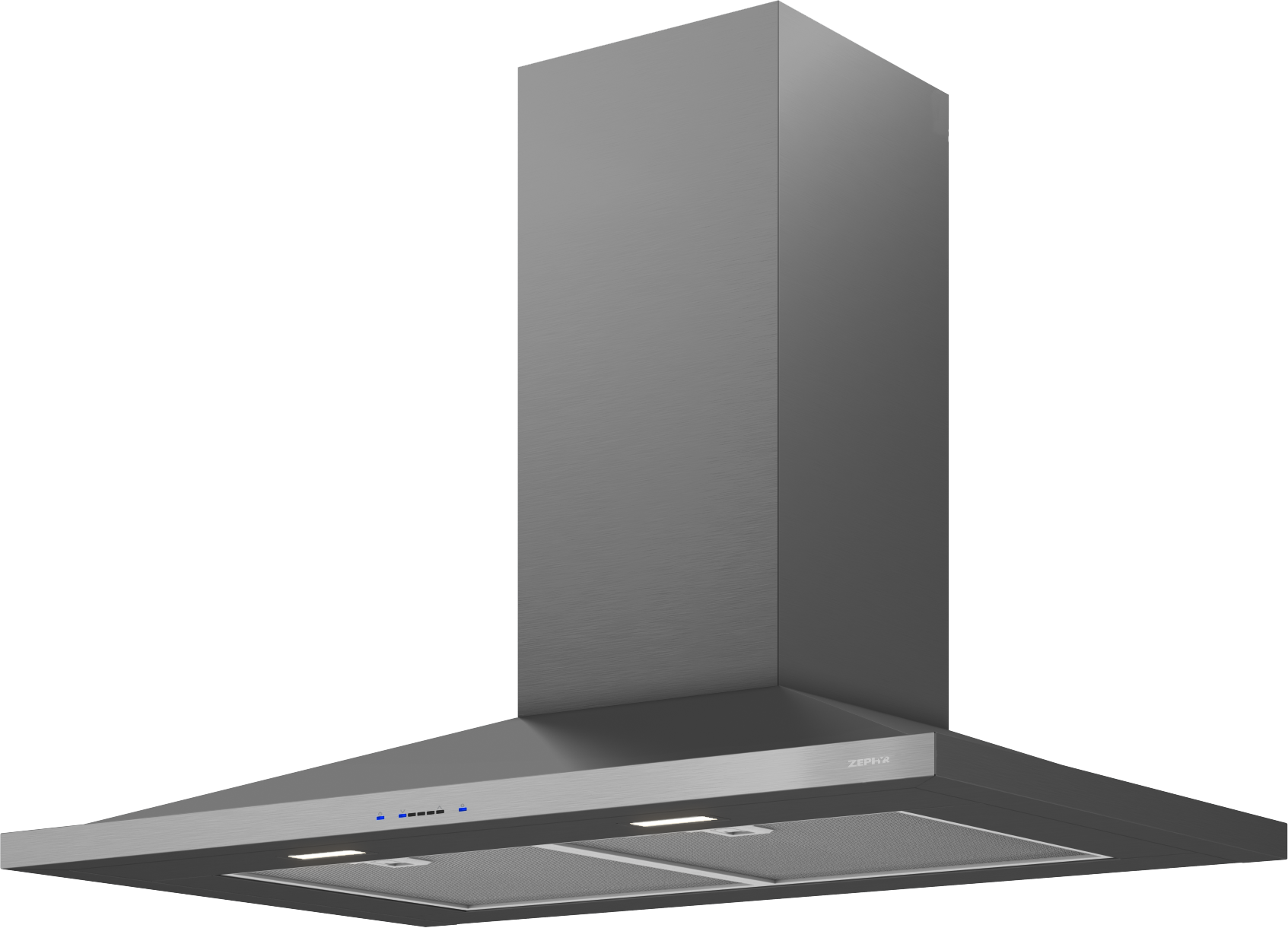 Stainless steel chimney hood with LED lighting and 600 CFM blower for kitchen ventilation and home improvement