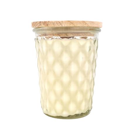 12 oz. textured glass jar candle with wooden lid scented with cinnamon doughnuts fragrance
