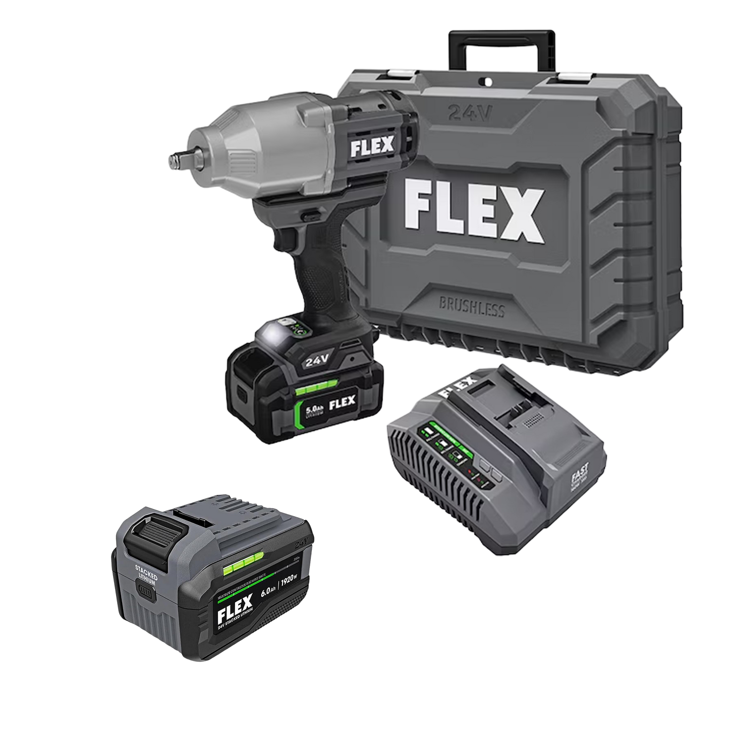 FLEX 1/2" High Torque Impact Wrench Kit + 6.0Ah Stacked Lithium Battery