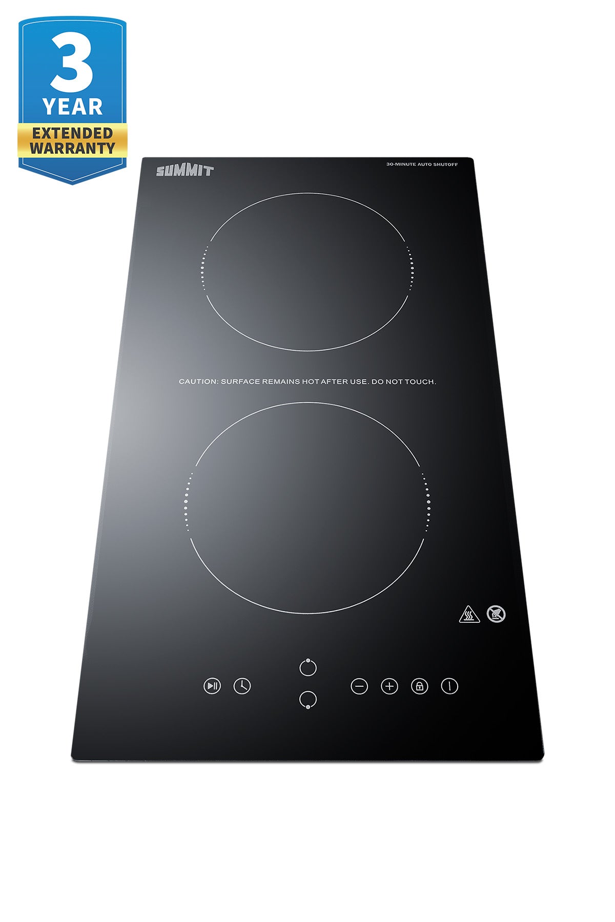 Black radiant cooktop with two burners and touch controls, part of kitchen appliances for home improvement and cooktops.