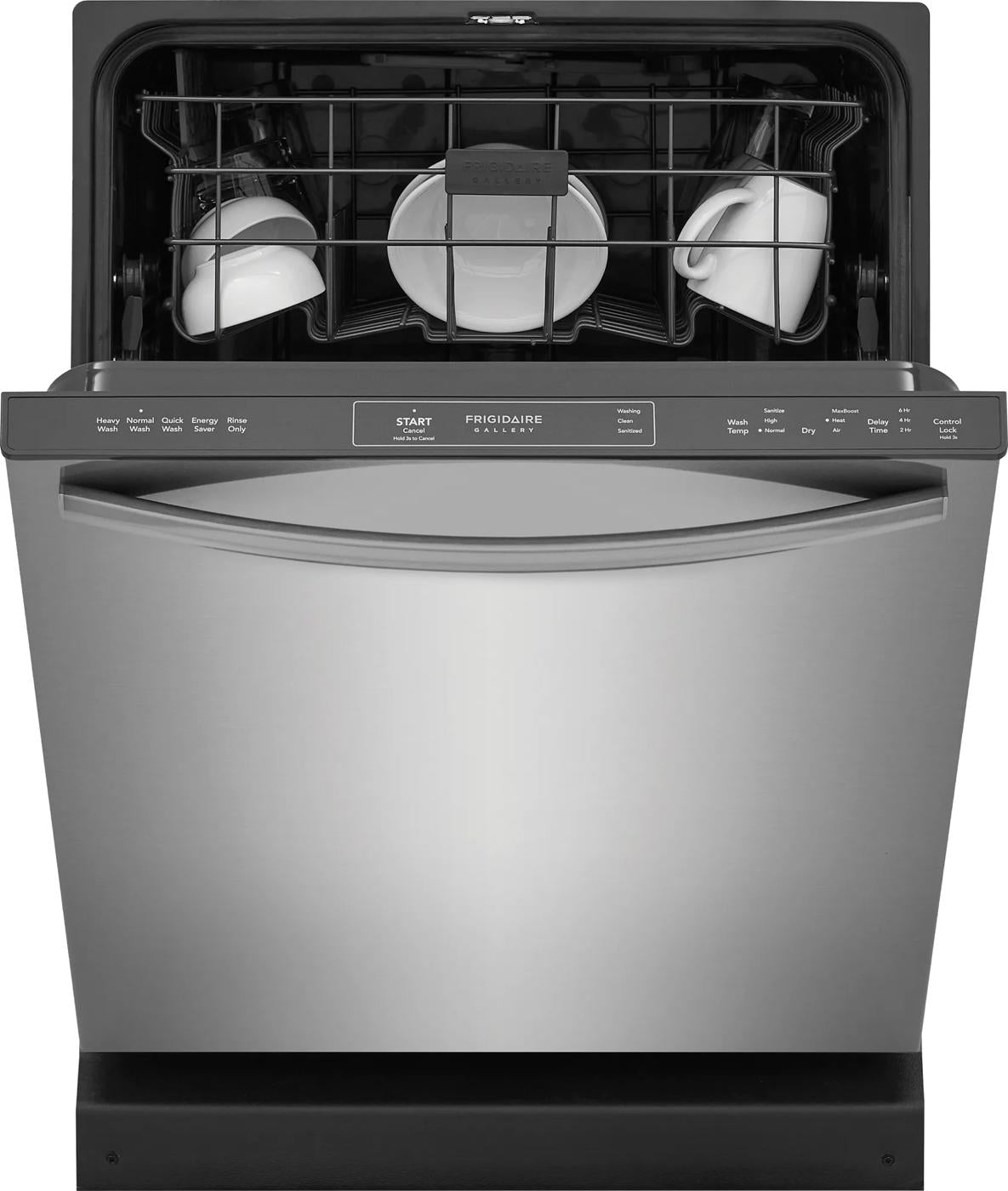 Open stainless steel 24-inch built-in dishwasher with cups, plate inside, part of kitchenware and appliances collection