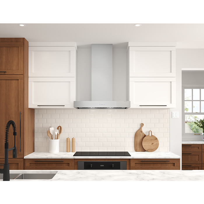 Modern stainless steel wall-mounted range hood with Bluetooth speakers in a stylish kitchen and kitchenware setting