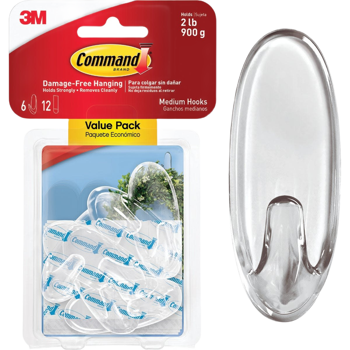 Clear medium adhesive hooks by 3M for damage-free hanging in hardware and fasteners, suitable for home improvement projects