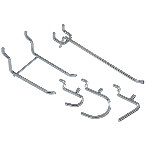 Zinc-plated peg hooks set with multiple styles for organizing tools on standard pegboards in hardware and storage collections