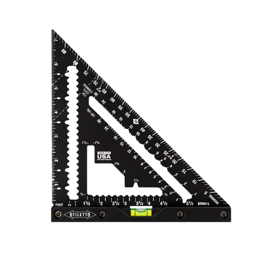 Black Stiletto carpenter square with level vial, multiple layout notches, ideal for woodworking and measuring tasks in hand tools collections