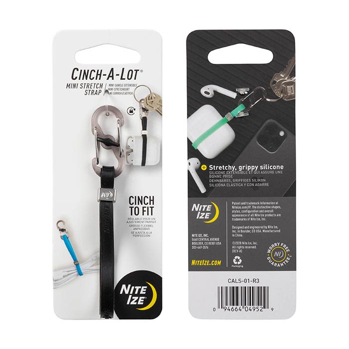 Adjustable black silicone mini stretch strap with metal slider for securing small items in electrical and home improvement use