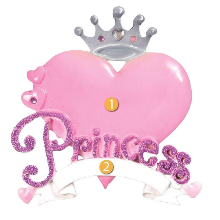 Pink heart ornament with silver crown and glittery purple "Princess" text for Christmas decorations under $50 collection