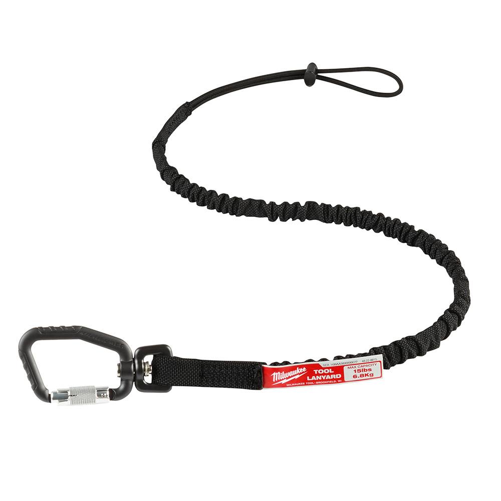 Black locking tool lanyard with carabiner clip and shock-absorbing cord for safety in hardware and PPE collections