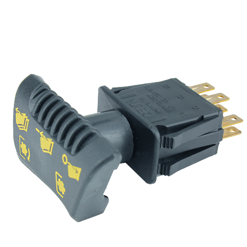 Black plastic PTO switch with yellow icon markings and brass electrical connectors for John Deere parts and accessories