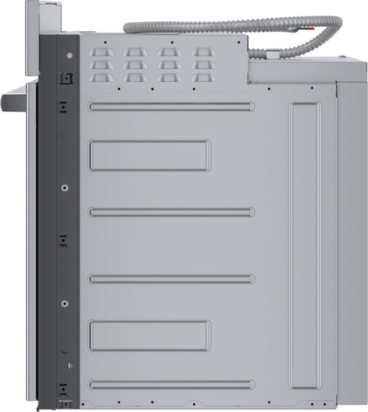 Side view of stainless steel single wall oven showing vent and connection details for kitchen appliances collection