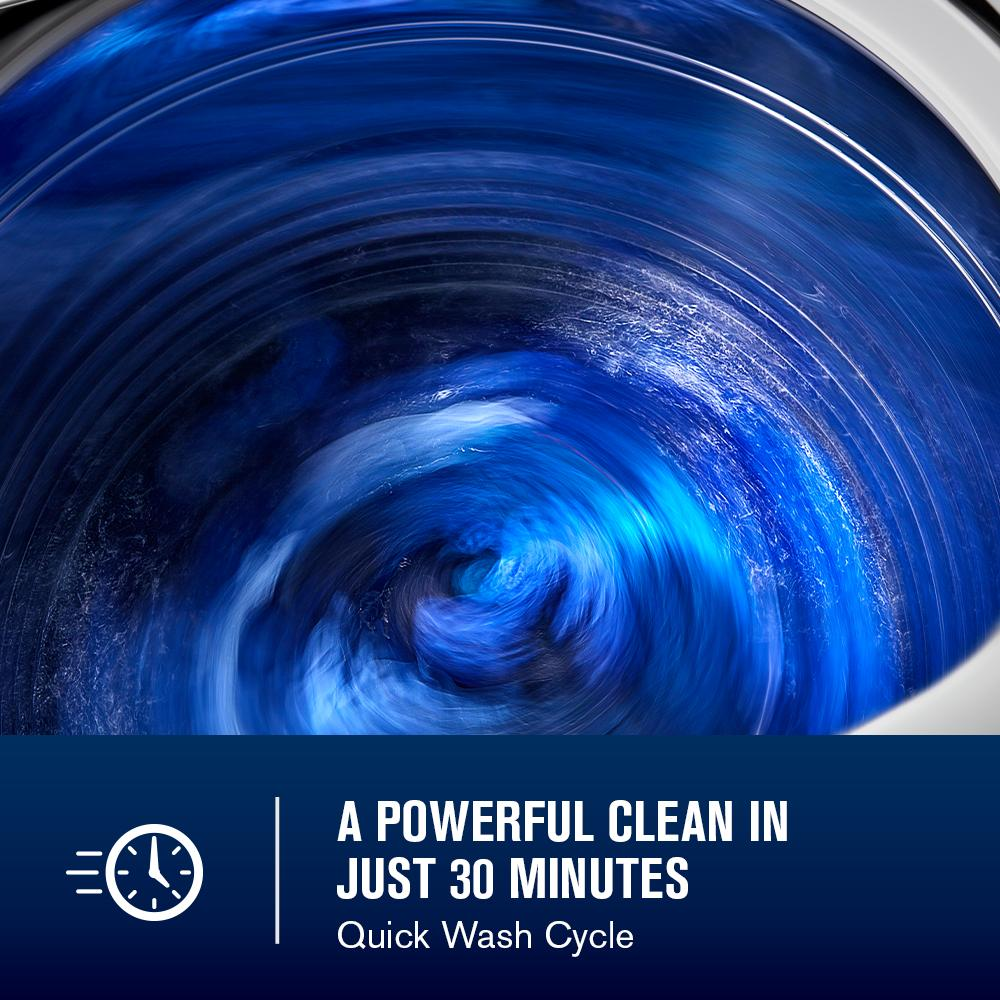 Top load washer in fast wash cycle with vibrant blue swirling water in washers and dryers collection