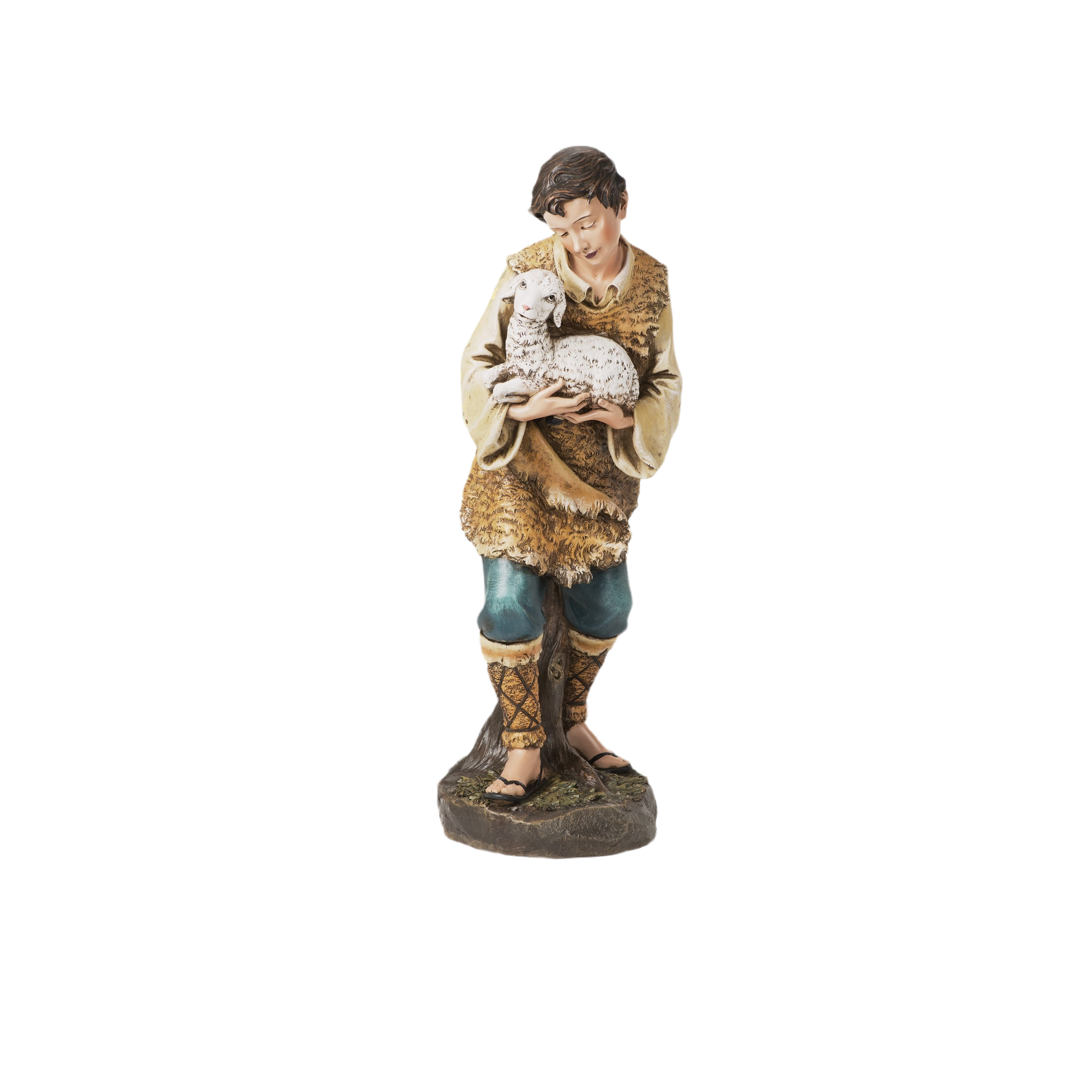 Handcrafted shepherd figurine holding a lamb, designed for Christmas and Nativity Scenes holiday decor collections