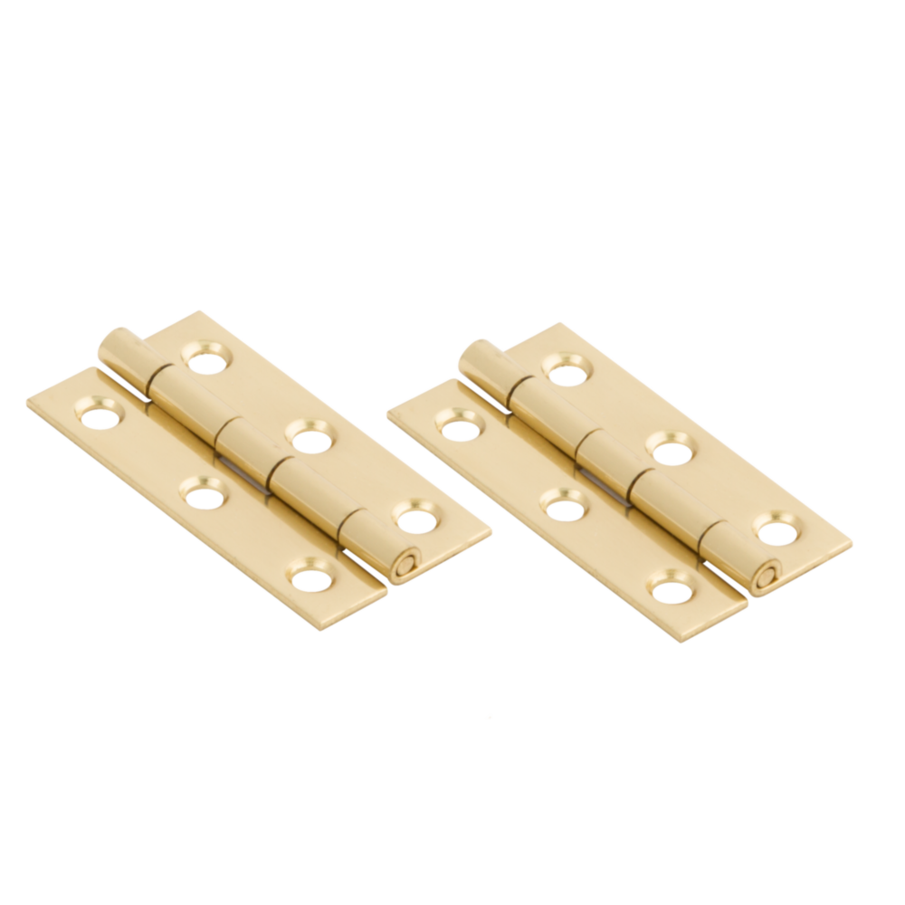 Pair of brass narrow decorative hinges for small chests and craft projects in hardware and home improvement collections