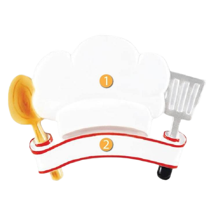 White chef hat ornament with gold spoon and silver spatula on red and white banner from Christmas Ornaments & Tree Decorations collection