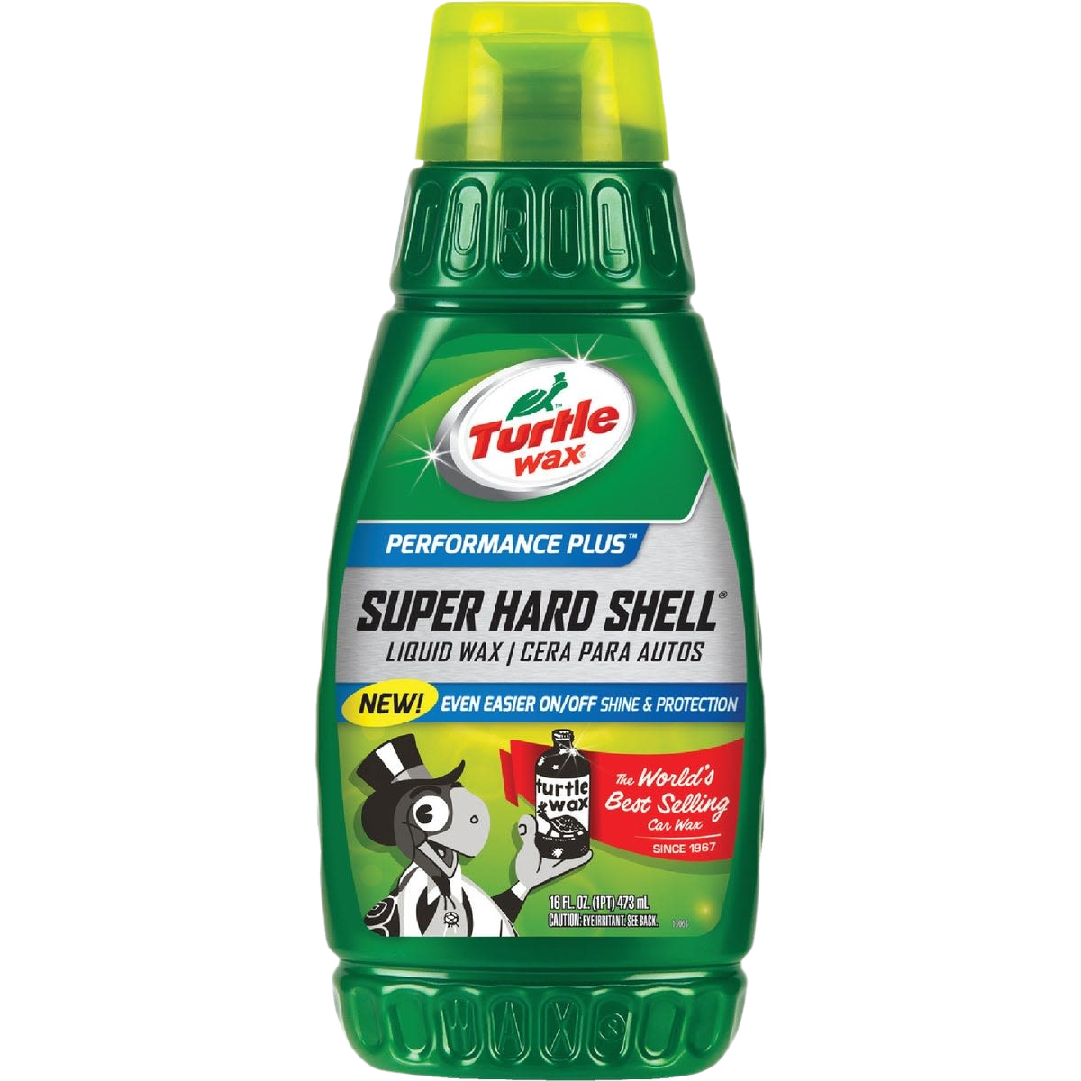 Green bottle of Turtle Wax Super Hard Shell liquid car wax with yellow cap and bright label design