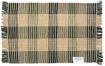 Hand-loomed cotton rag rug in black and khaki plaid pattern with fringed edges, part of home decor collections