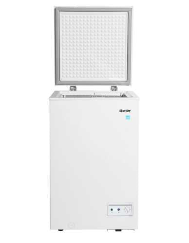 White chest freezer with open lid showing basket and temperature control in kitchen appliances collection