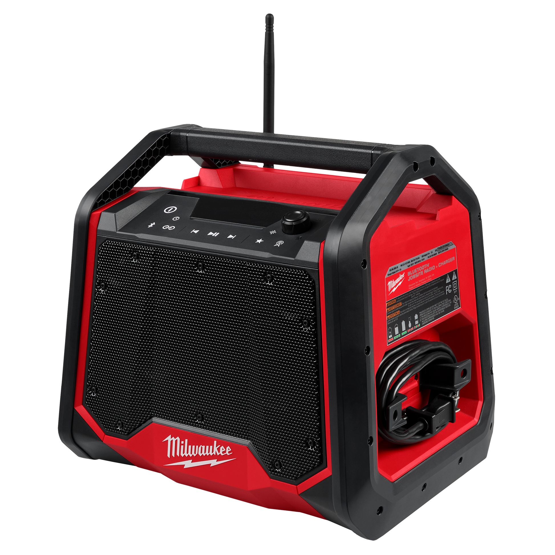 Red and black Milwaukee M18™ Bluetooth jobsite radio and charger featuring durable housing, control panel, antenna, and built-in cord storage, part of new power tool accessories at Hartville Hardware.