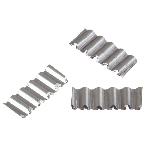 Three small silver metal joint fasteners with ridged, wavy design for home improvement projects