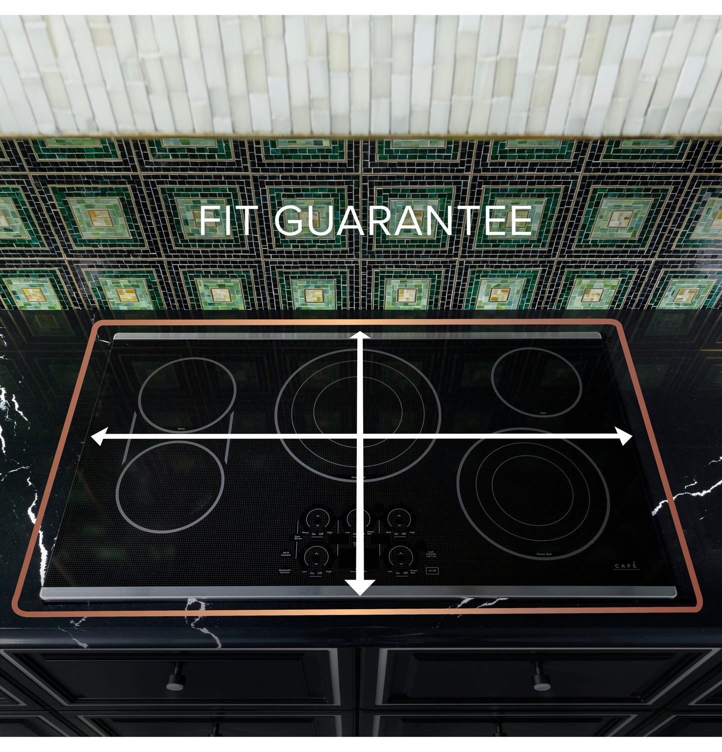 Top view of black glass electric cooktop with five burners on a black marble countertop against decorative tile backsplash