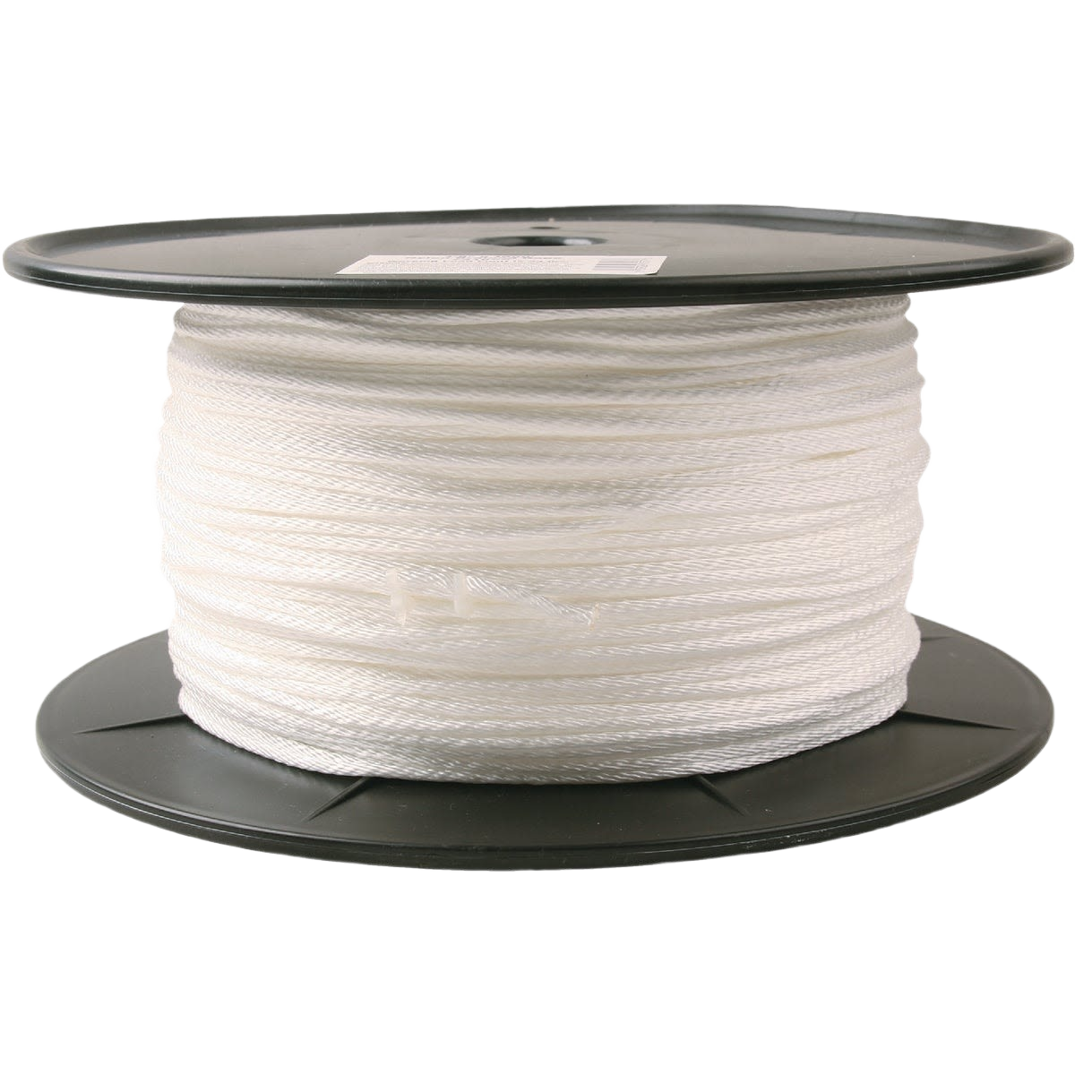 Bulk spool of white braided nylon rope wound on a black plastic reel for home improvement and tools projects