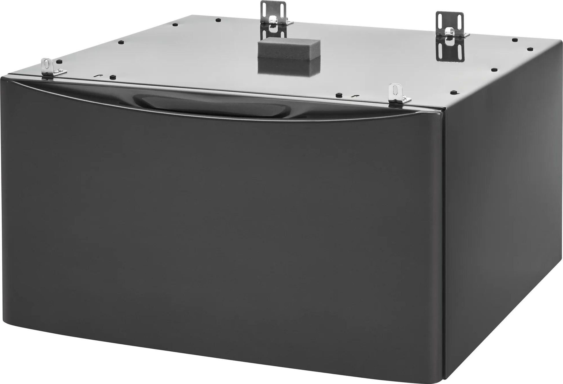Black Electrolux laundry pedestal with spacious storage drawer for appliance parts and accessories.