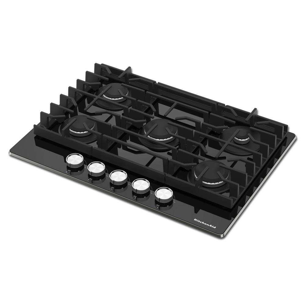 36-inch black gas-on-glass cooktop with five burners and front control knobs from KitchenAid appliances collection