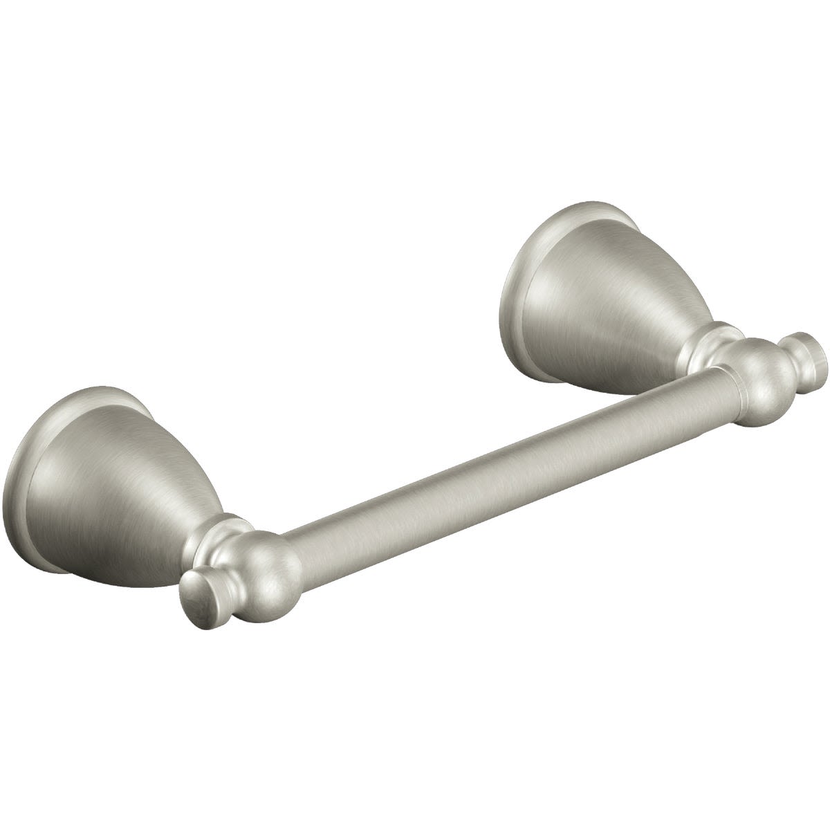 Brushed nickel pivoting toilet paper holder with classic design for home improvement and bathroom organization.