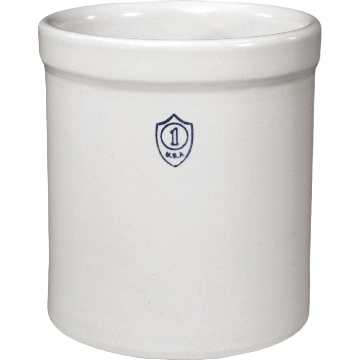 White 1-gallon stoneware crock with simple shield emblem and smooth glazed finish for kitchen or home use