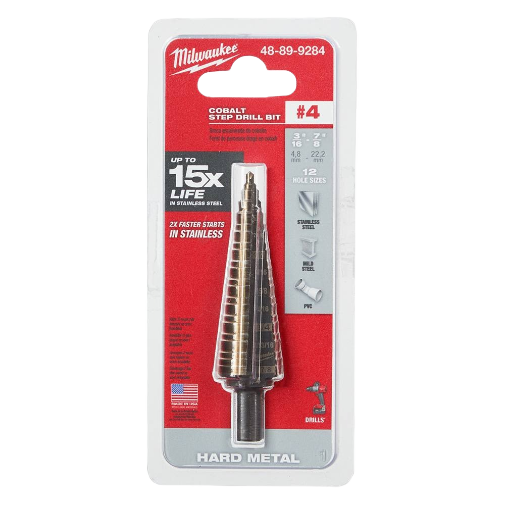 Milwaukee cobalt step drill bit with 12 hole sizes for stainless steel, mild steel, and PVC in tool accessories collection