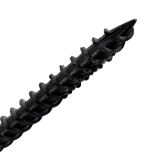 Close-up of a black structural screw with aggressive threading for lumber use in Hardware and Fasteners collections