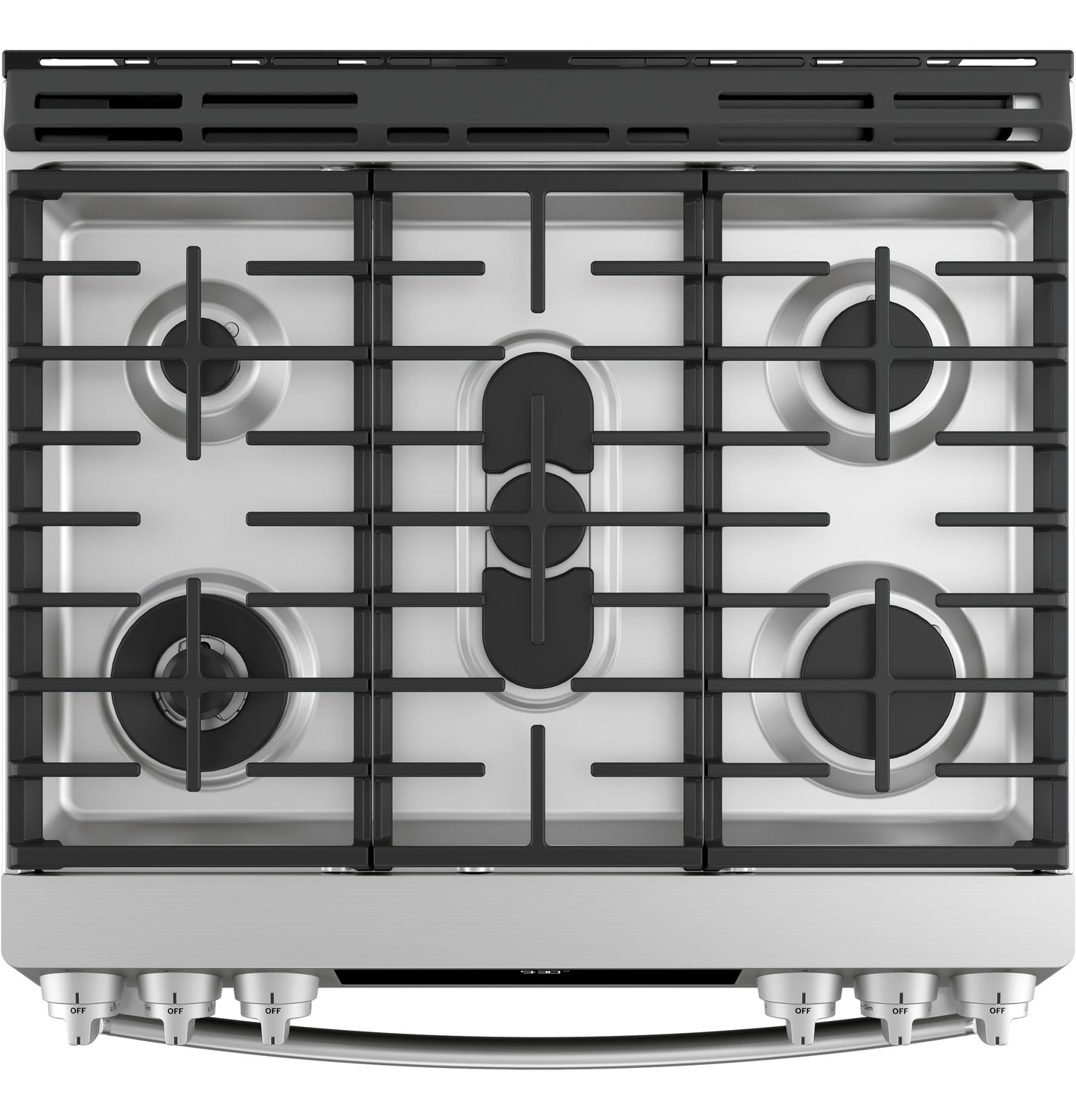 Top view of fingerprint-resistant stainless steel gas cooktop with five burners and front control knobs for kitchen tools