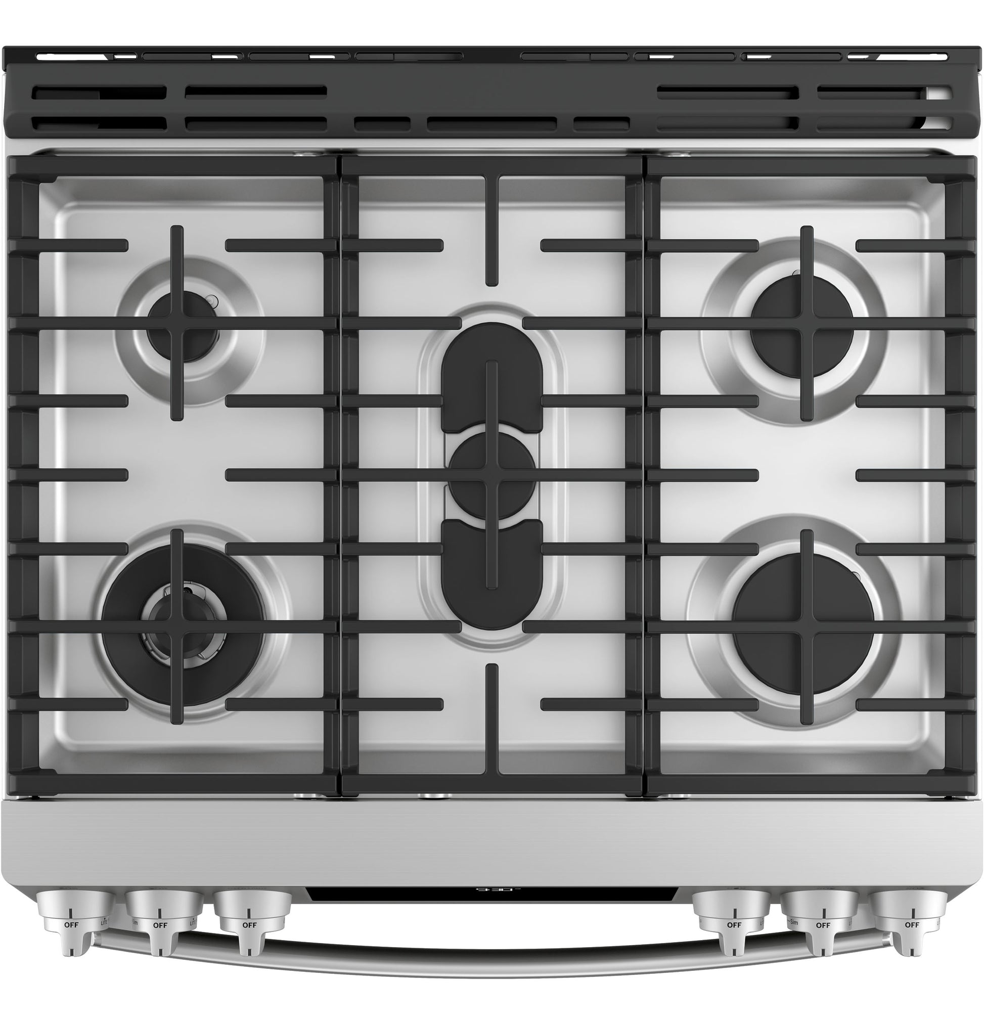 Top view of fingerprint-resistant stainless steel gas cooktop with five burners and front control knobs for kitchen tools
