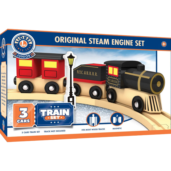 Wooden three-car steam engine toy train set on curved wood tracks with vintage style lamp post in packaging box