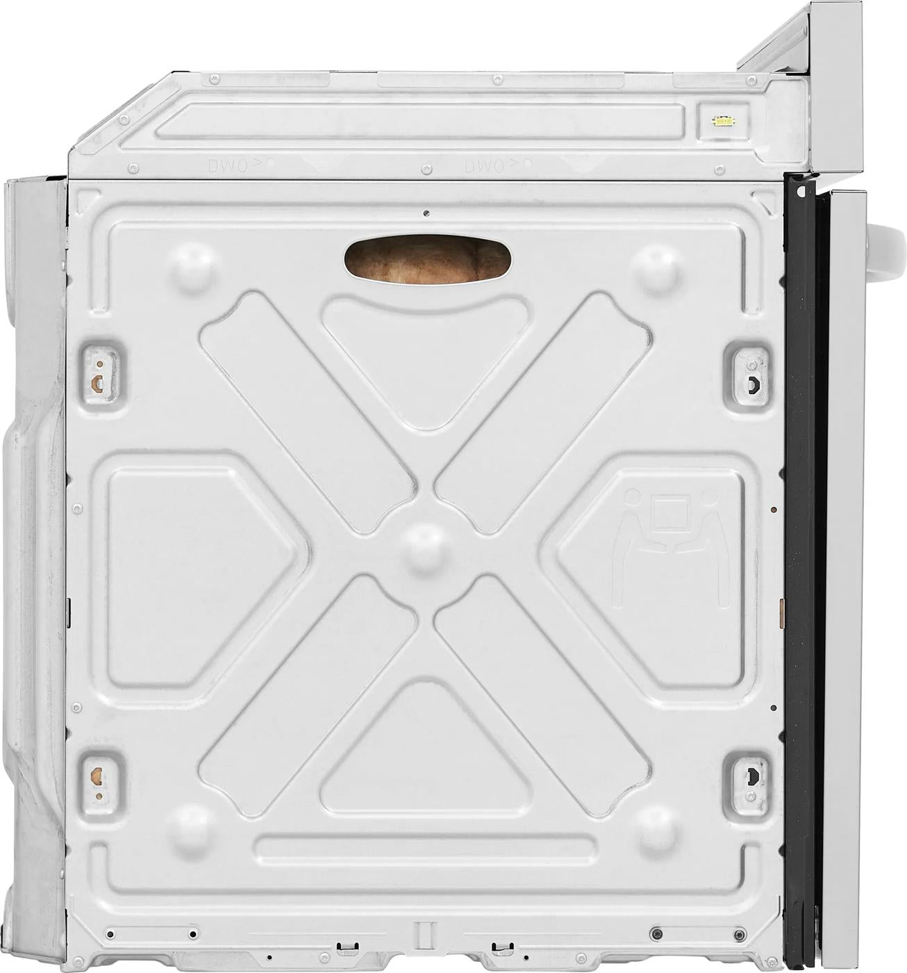 Side view of a white metal electric wall oven body showing structural panel and mounting details for kitchen installation.