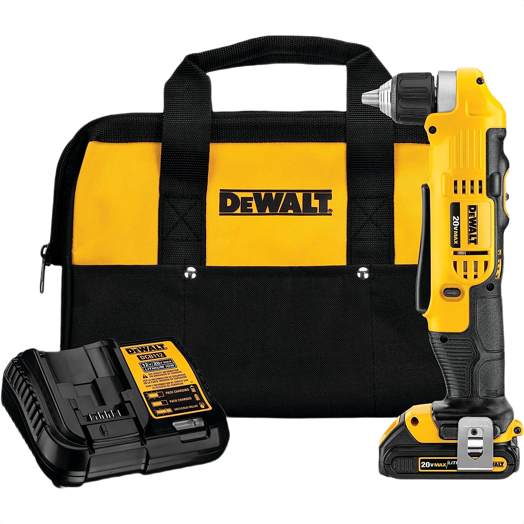 Compact yellow and black right-angle cordless drill with charger and carrying bag for home improvement tools use