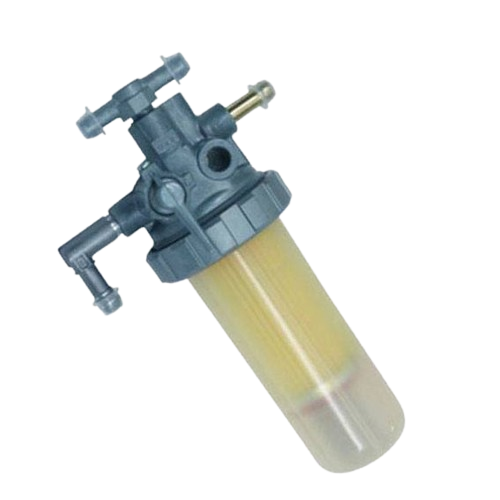 Fuel filter with black plastic top and translucent yellow reservoir for John Deere parts and lubricants collection