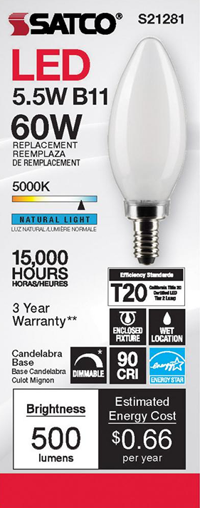 Satco 5.5 watt B11 LED frosted bulb with natural light, dimmable, candelabra base for lighting and electrical needs
